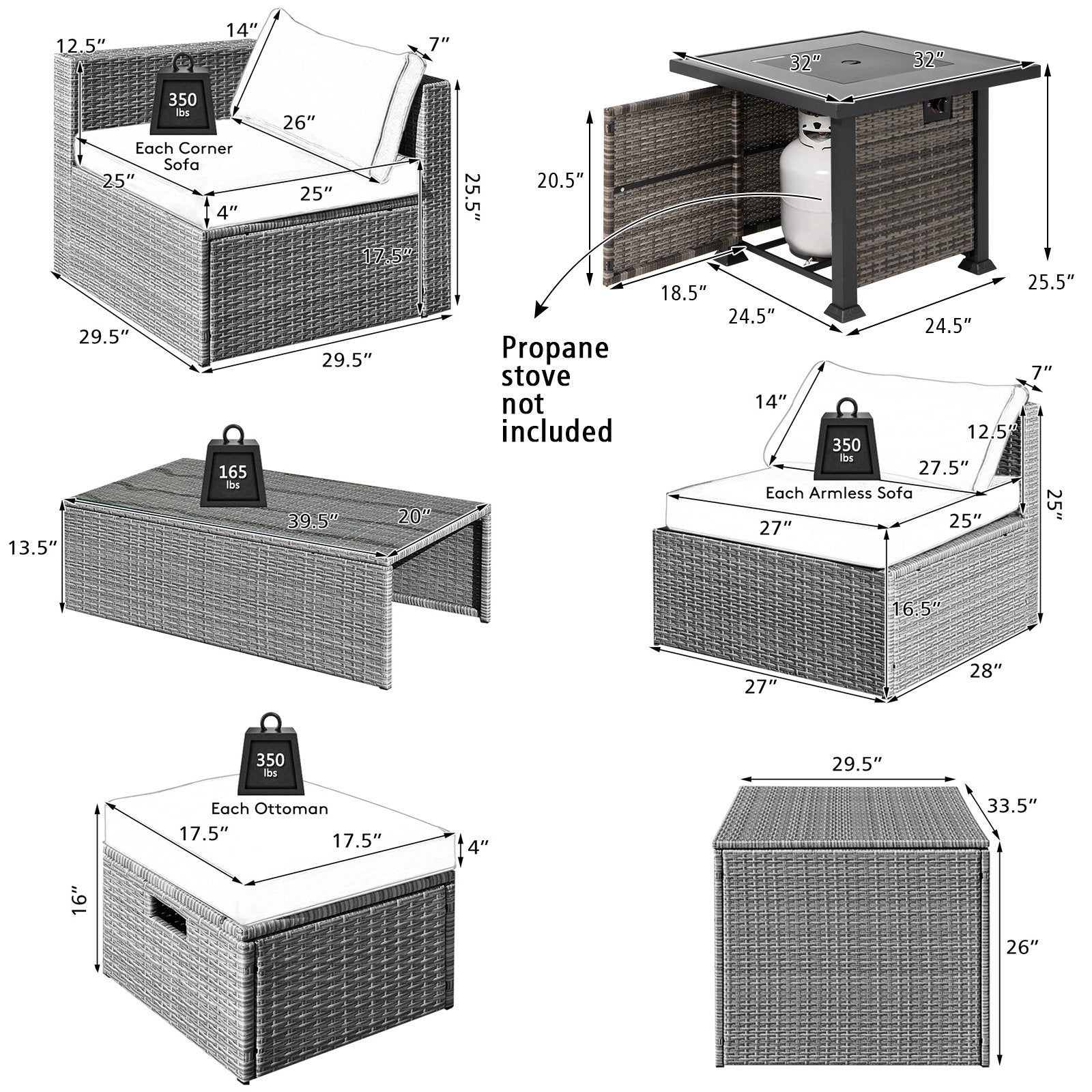 9 Pieces Outdoor Patio Furniture Set with 32-Inch Propane Fire Pit Table, Red Outdoor Sectionals   at Gallery Canada