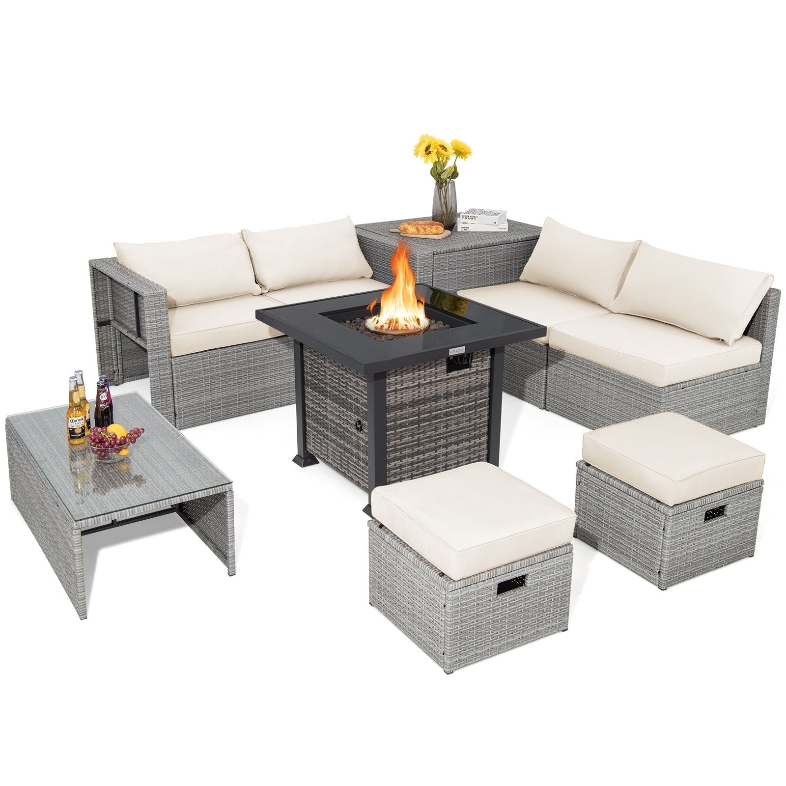 9 Pieces Outdoor Patio Furniture Set with 32-Inch Propane Fire Pit Table, Off White Outdoor Sectionals   at Gallery Canada