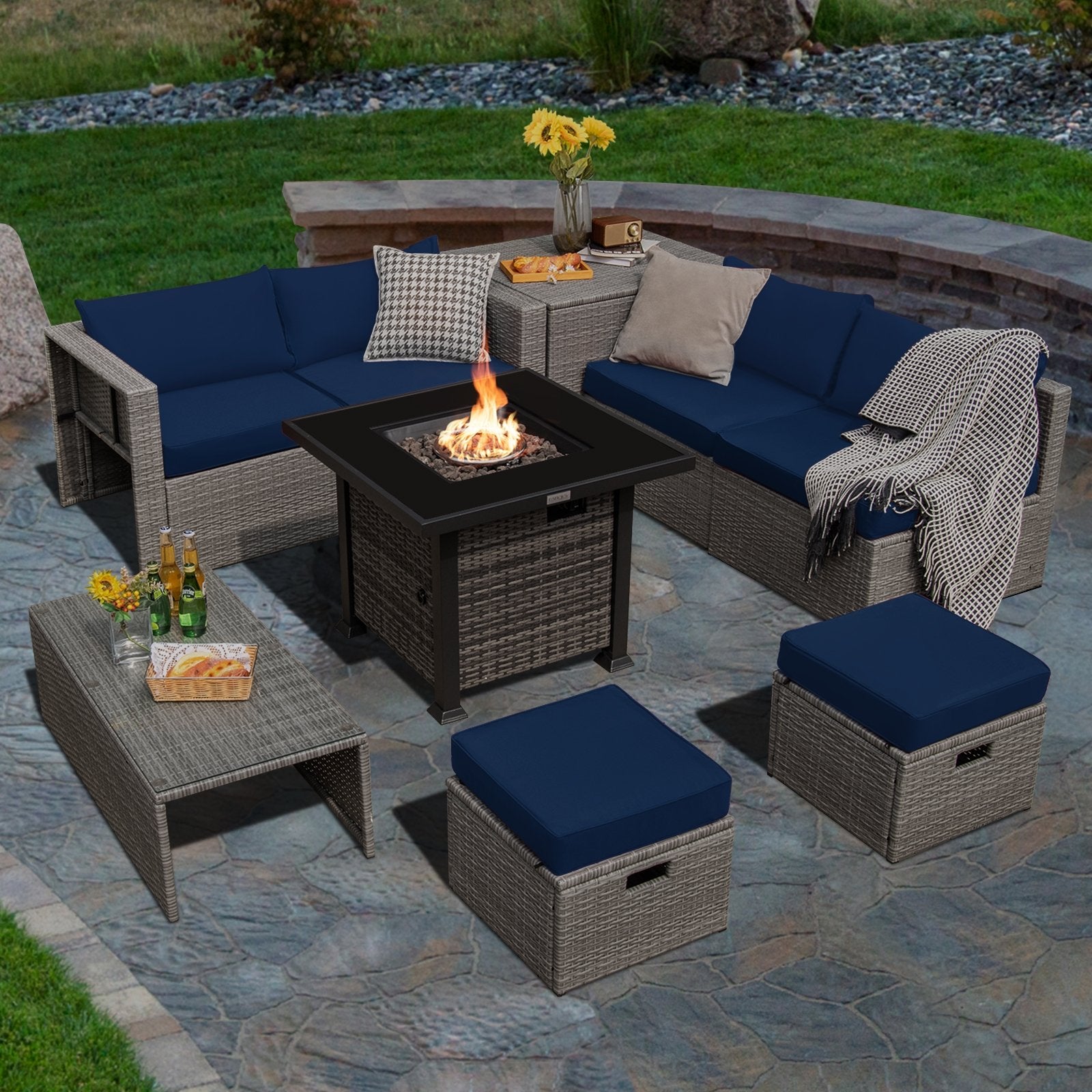 9 Pieces Outdoor Patio Furniture Set with 32-Inch Propane Fire Pit Table, Navy Outdoor Sectionals   at Gallery Canada