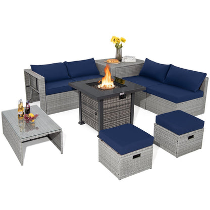 9 Pieces Outdoor Patio Furniture Set with 32-Inch Propane Fire Pit Table, Navy Outdoor Sectionals   at Gallery Canada