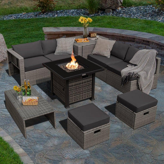 9 Pieces Outdoor Patio Furniture Set with 32-Inch Propane Fire Pit Table, Gray - Gallery Canada