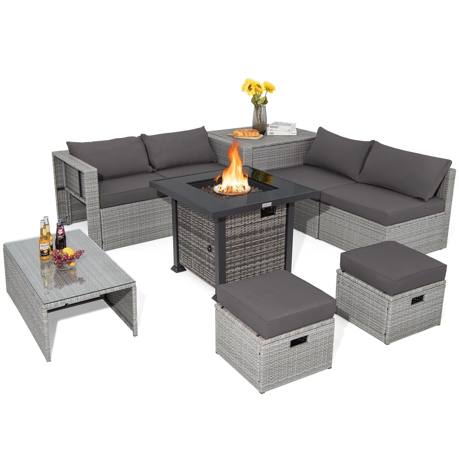 9 Pieces Outdoor Patio Furniture Set with 32-Inch Propane Fire Pit Table, Gray Outdoor Sectionals   at Gallery Canada