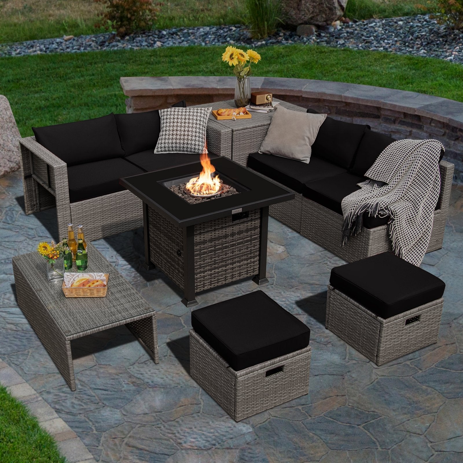 9 Pieces Outdoor Patio Furniture Set with 32-Inch Propane Fire Pit Table, Black Outdoor Sectionals   at Gallery Canada