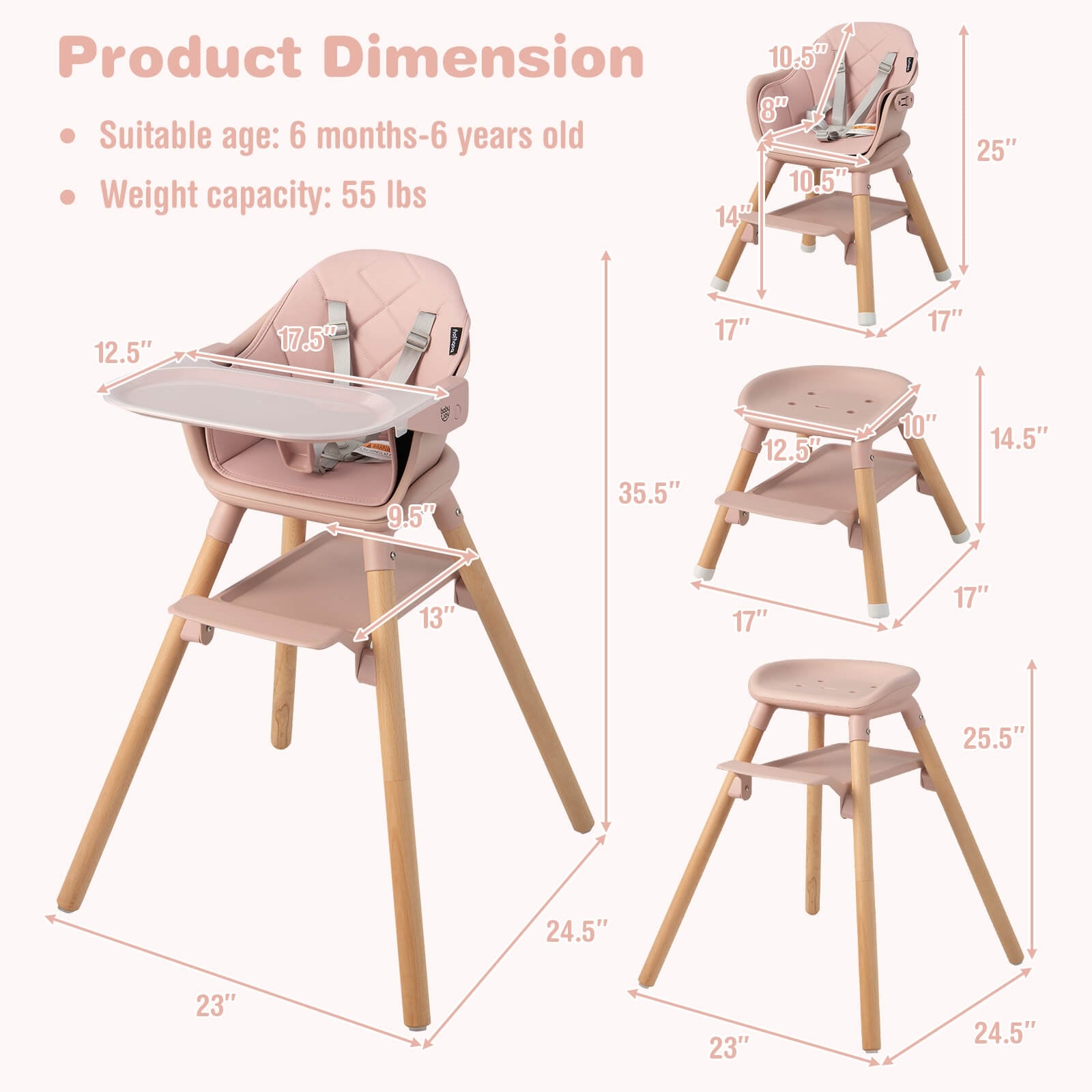 6 in 1 Convertible Highchair with Safety Harness and Removable Tray, Pink High Chairs   at Gallery Canada