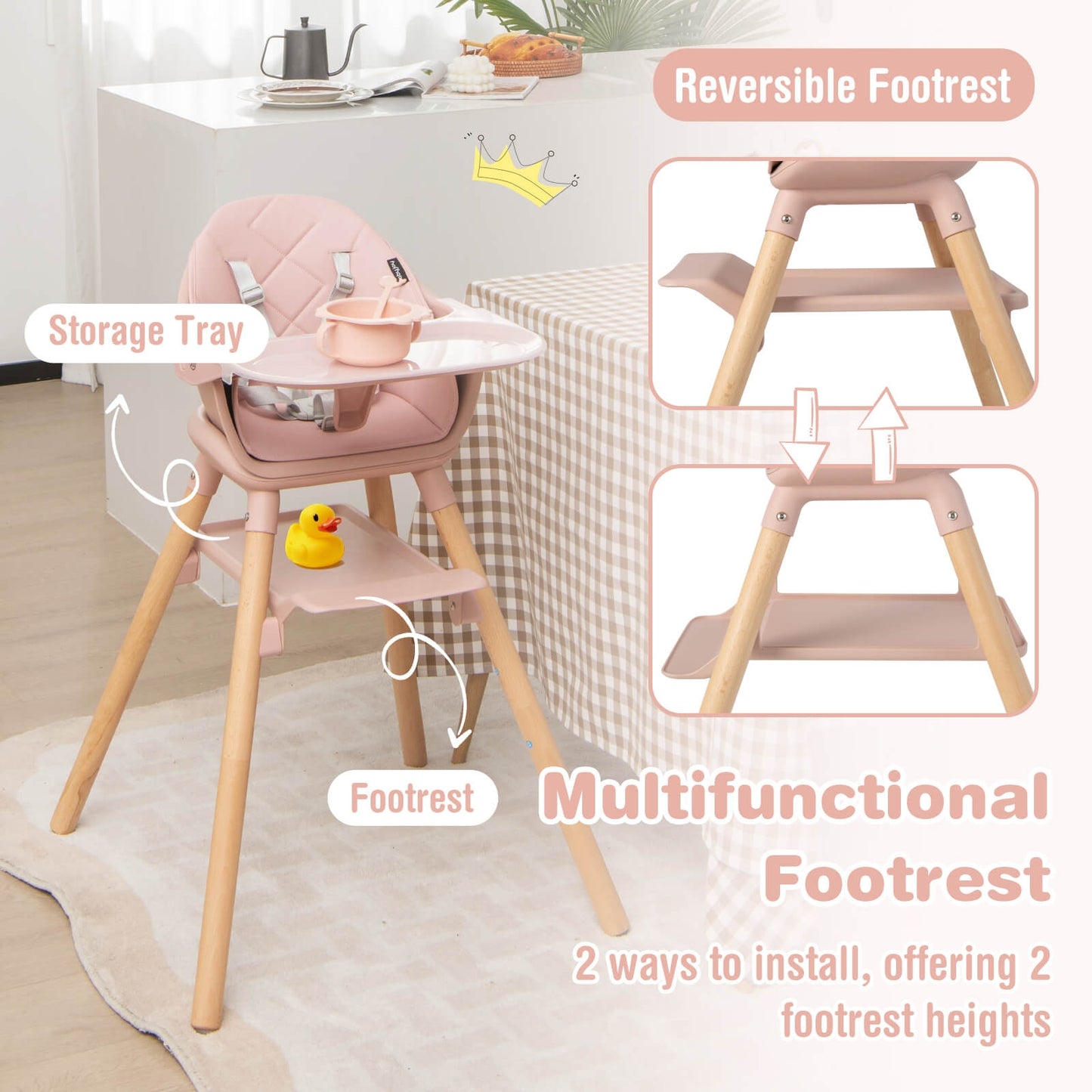 6 in 1 Convertible Highchair with Safety Harness and Removable Tray, Pink High Chairs   at Gallery Canada