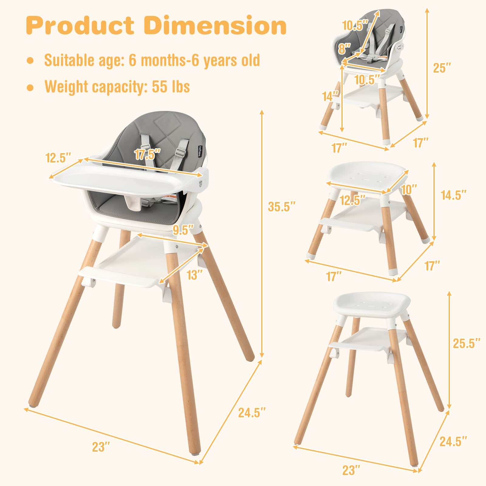 6 in 1 Convertible Highchair with Safety Harness and Removable Tray, White High Chairs   at Gallery Canada