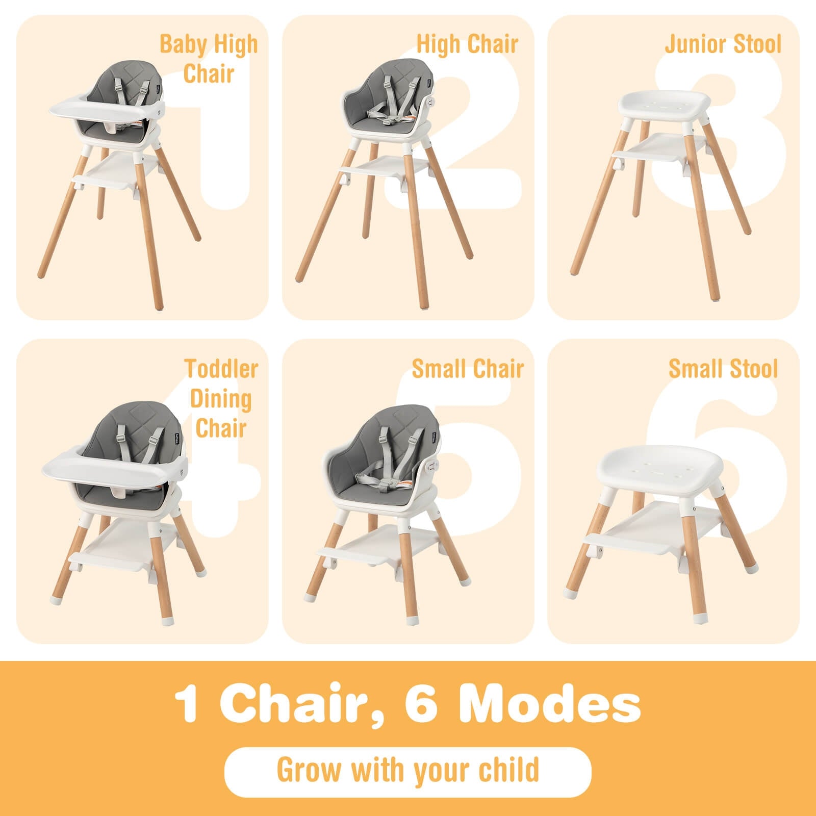 6 in 1 Convertible Highchair with Safety Harness and Removable Tray, White High Chairs   at Gallery Canada