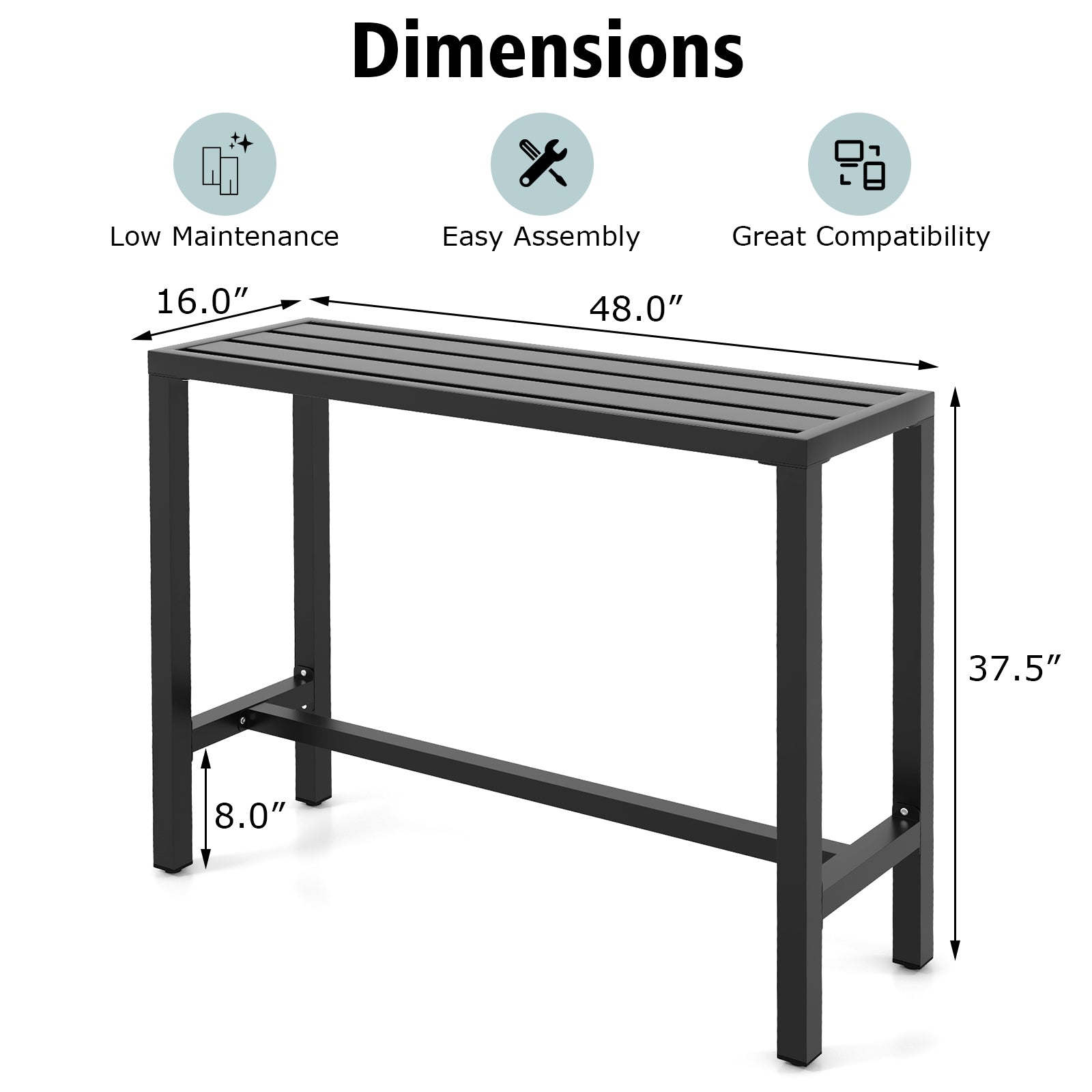 48/55 Inch Outdoor Bar Table with Waterproof Top and Heavy-duty Metal Frame-M, Black Patio Dining Tables   at Gallery Canada