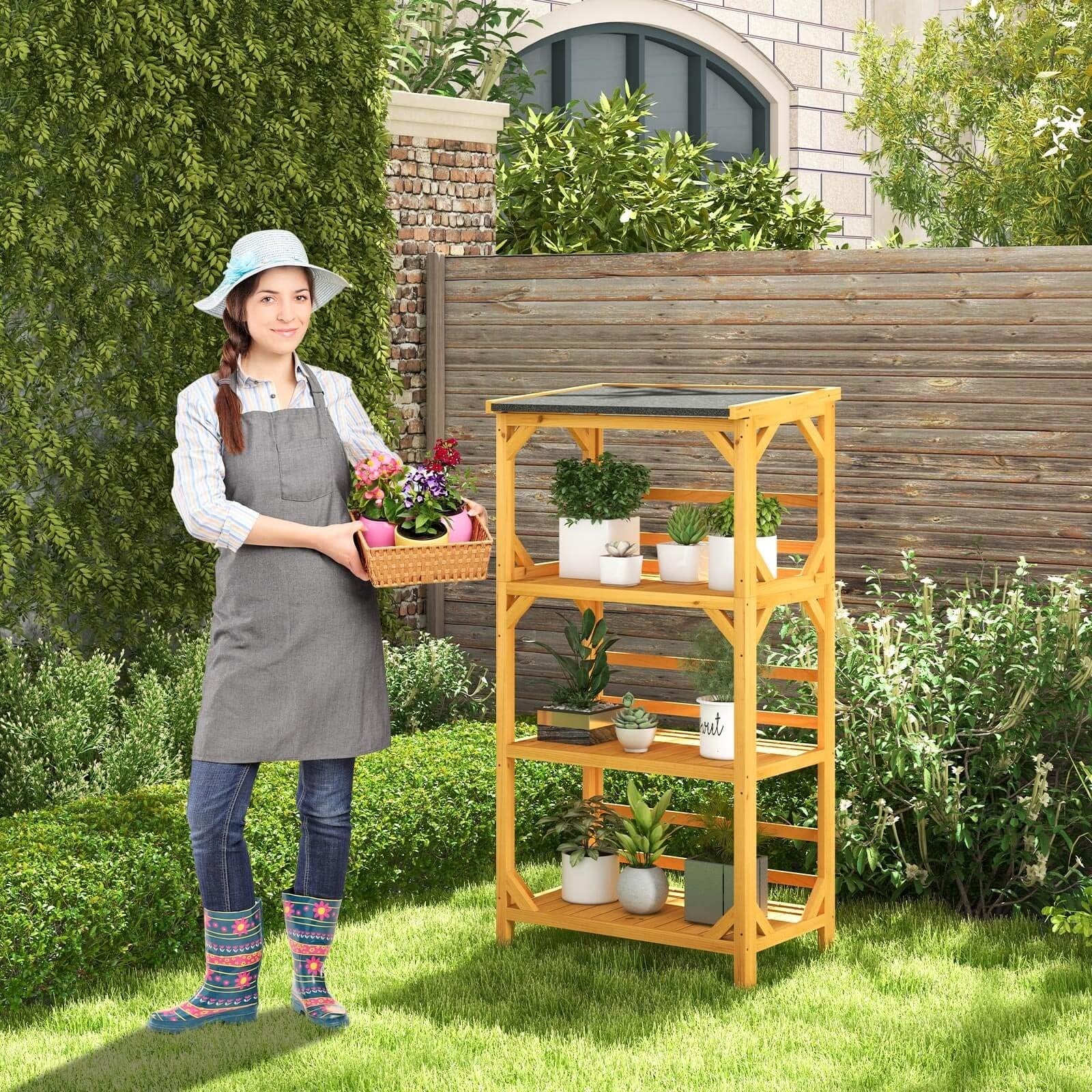 3-Tier Wooden Plant Stand with Weatherproof Asphalt Roof for Patio, Natural Plant Stands   at Gallery Canada