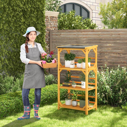 3-Tier Wooden Plant Stand with Weatherproof Asphalt Roof for Patio, Natural Plant Stands   at Gallery Canada