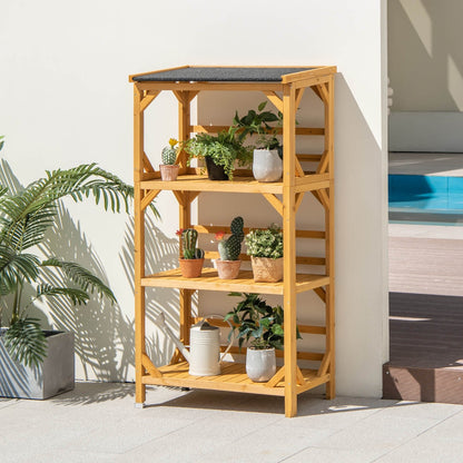 3-Tier Wooden Plant Stand with Weatherproof Asphalt Roof for Patio, Natural Plant Stands   at Gallery Canada