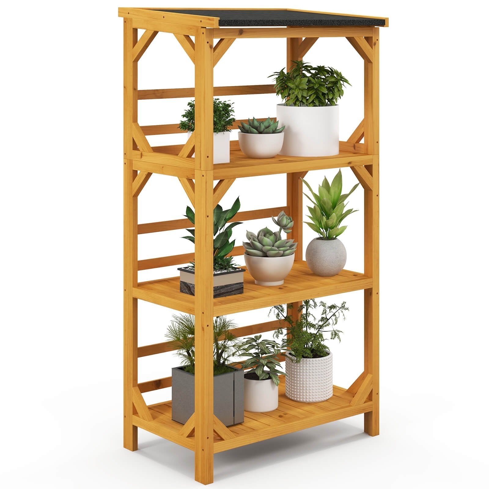 3-Tier Wooden Plant Stand with Weatherproof Asphalt Roof for Patio, Natural Plant Stands   at Gallery Canada