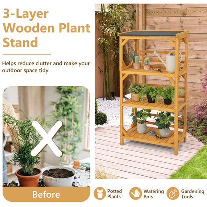 3-Tier Wooden Plant Stand with Weatherproof Asphalt Roof for Patio, Natural Plant Stands   at Gallery Canada