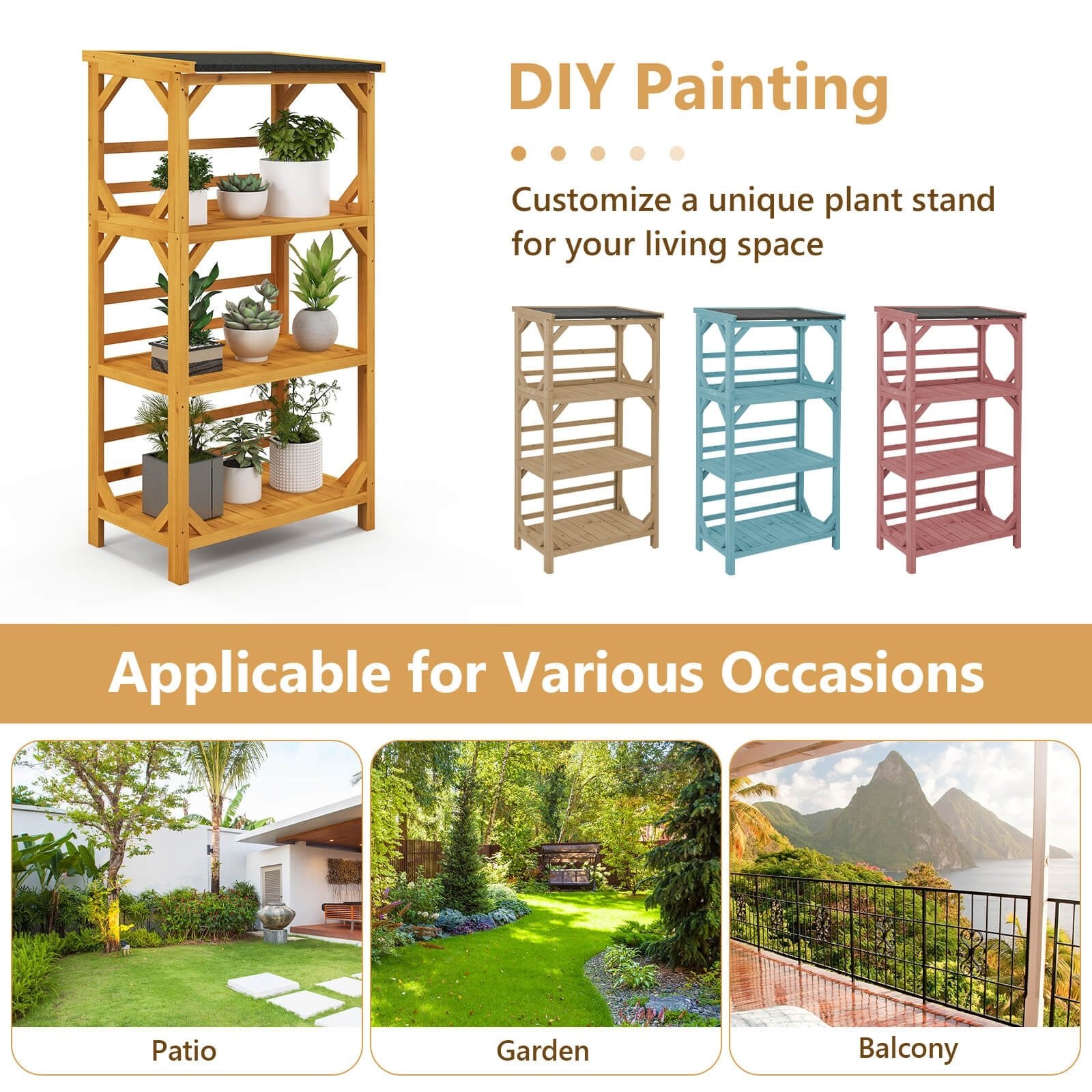 3-Tier Wooden Plant Stand with Weatherproof Asphalt Roof for Patio, Natural Plant Stands   at Gallery Canada