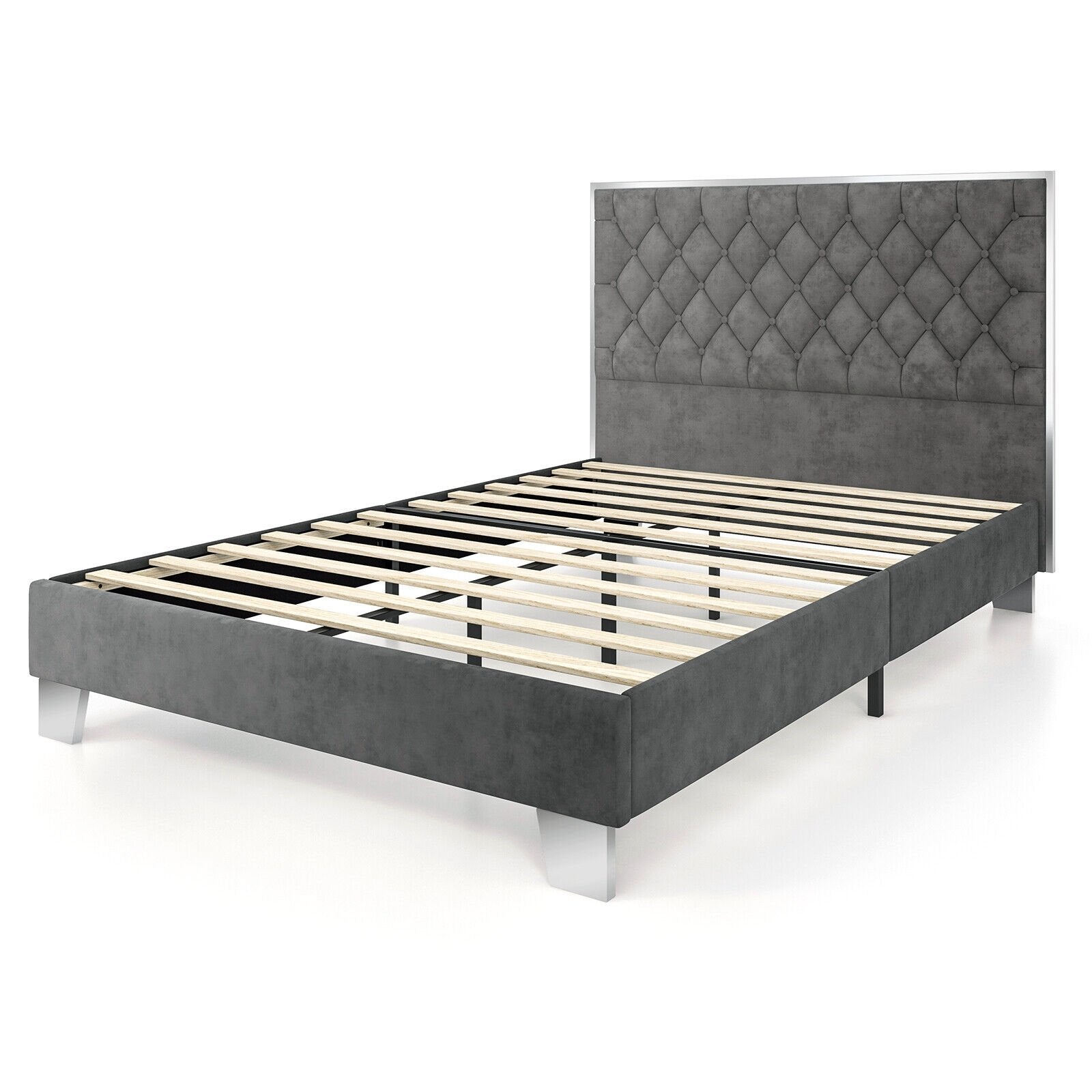 Full/Queen Size Upholstered Bed Frame with Velvet Headboard-Queen Size, Gray - Gallery Canada