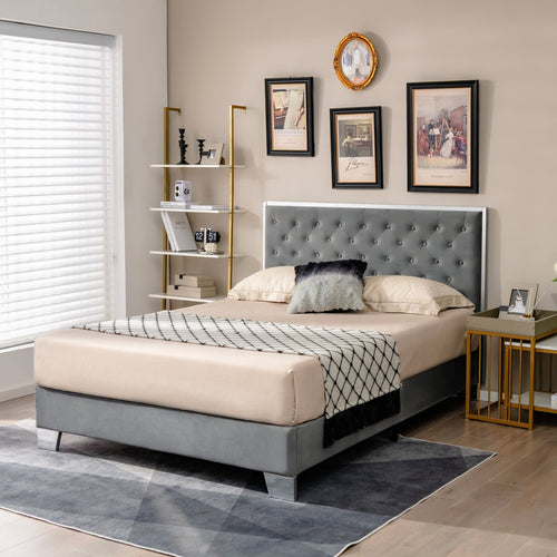 Full/Queen Size Upholstered Bed Frame with Velvet Headboard-Full Size, Gray