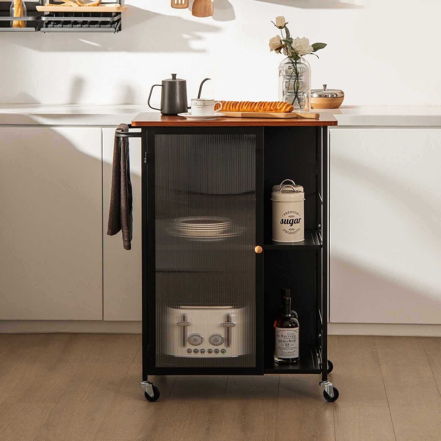 Mobile Serving Cart with Transparent Single Door Cabinet, Black Kitchen Islands & Carts   at Gallery Canada