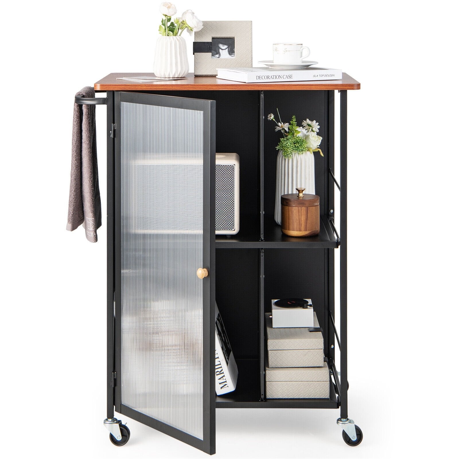 Mobile Serving Cart with Transparent Single Door Cabinet, Black Kitchen Islands & Carts   at Gallery Canada