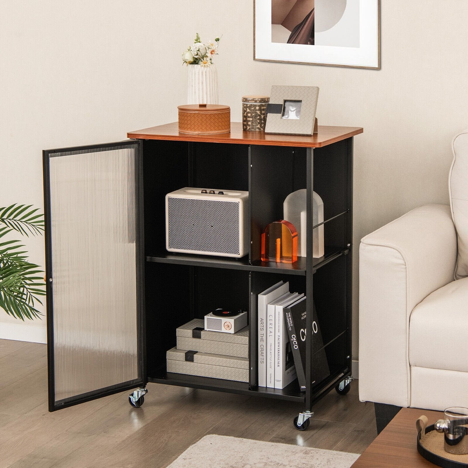 Mobile Serving Cart with Transparent Single Door Cabinet, Black Kitchen Islands & Carts   at Gallery Canada