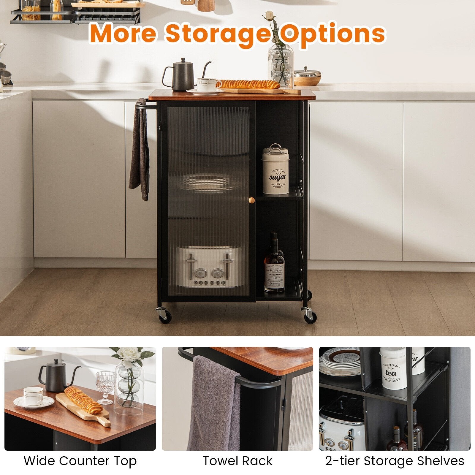 Mobile Serving Cart with Transparent Single Door Cabinet, Black Kitchen Islands & Carts   at Gallery Canada