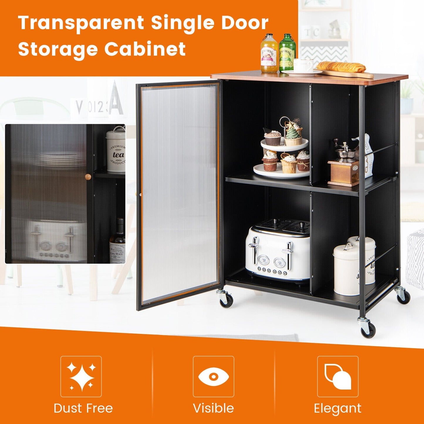 Mobile Serving Cart with Transparent Single Door Cabinet, Black Kitchen Islands & Carts   at Gallery Canada