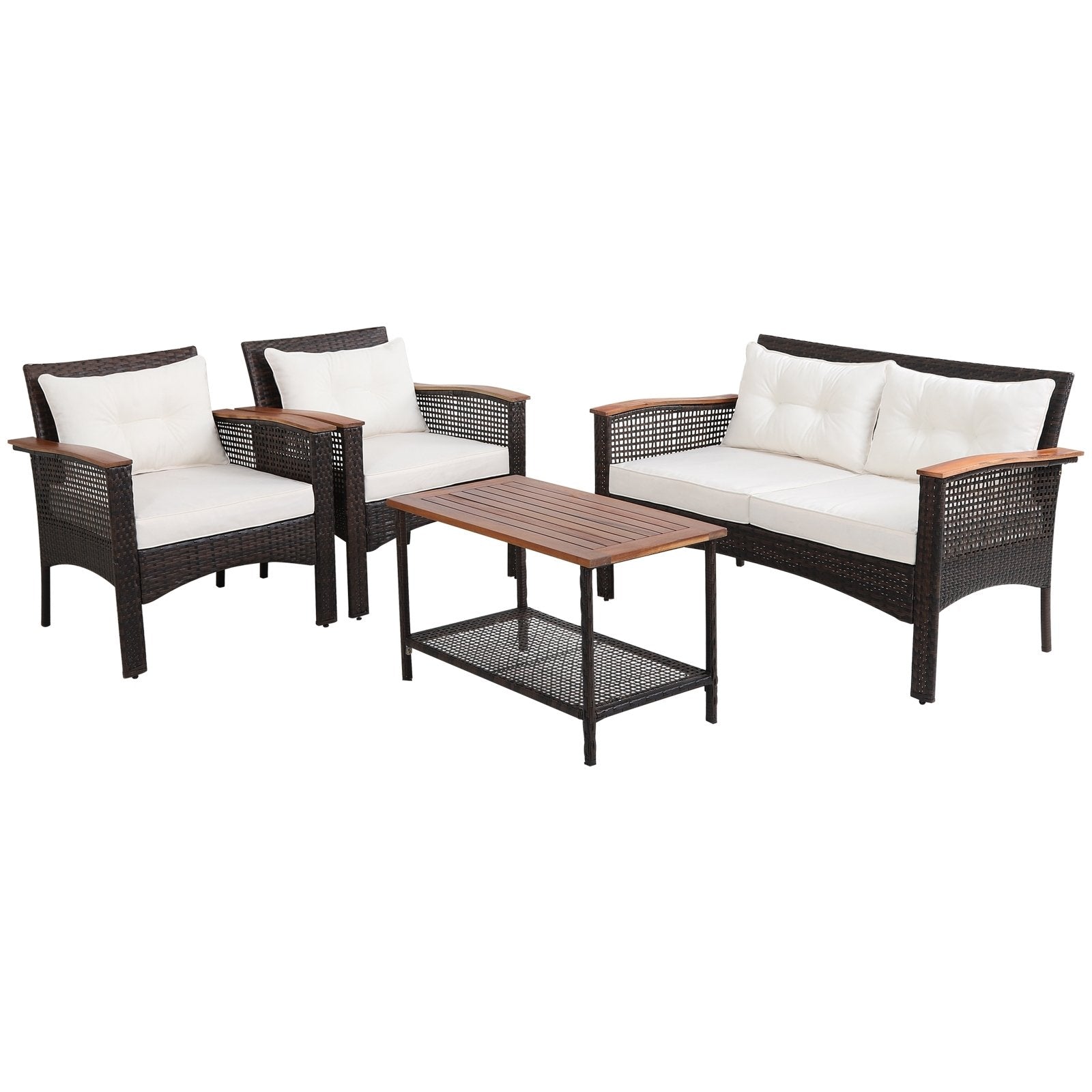 4 Pieces Patio Rattan Acacia Wood Furniture Set with Cushions and Armrest, Espresso Patio Conversation Sets   at Gallery Canada