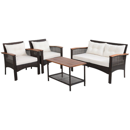 4 Pieces Patio Rattan Acacia Wood Furniture Set with Cushions and Armrest, Espresso Patio Conversation Sets   at Gallery Canada