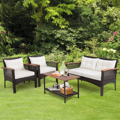 4 Pieces Patio Rattan Acacia Wood Furniture Set with Cushions and Armrest, Espresso Patio Conversation Sets   at Gallery Canada