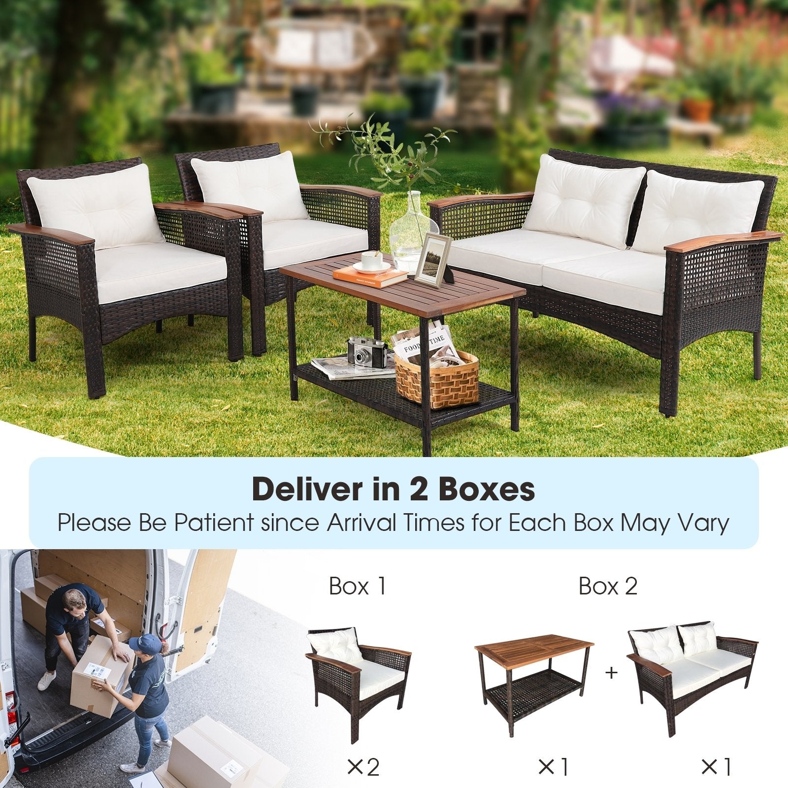 4 Pieces Patio Rattan Acacia Wood Furniture Set with Cushions and Armrest, Espresso Patio Conversation Sets   at Gallery Canada