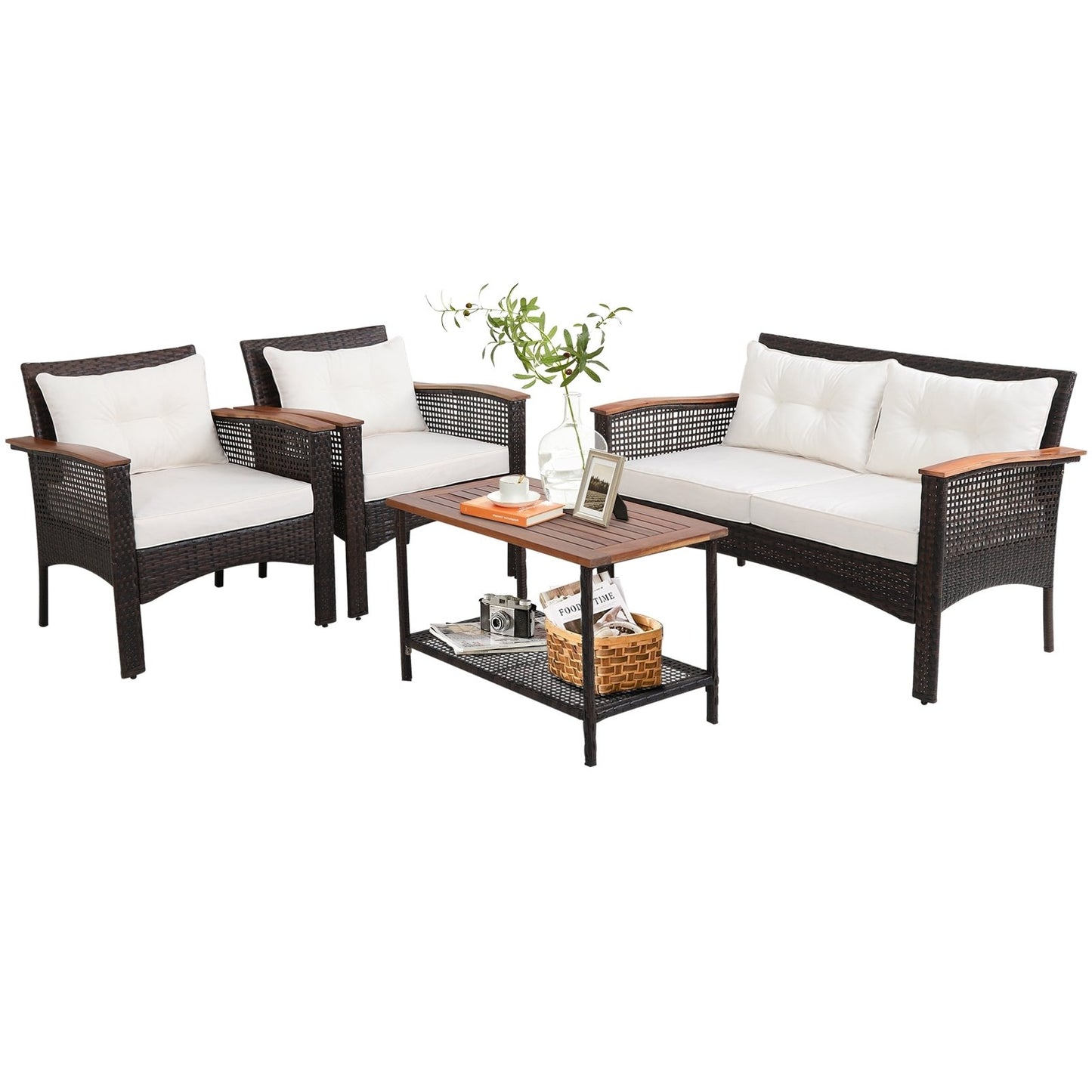 4 Pieces Patio Rattan Acacia Wood Furniture Set with Cushions and Armrest, Espresso Patio Conversation Sets   at Gallery Canada