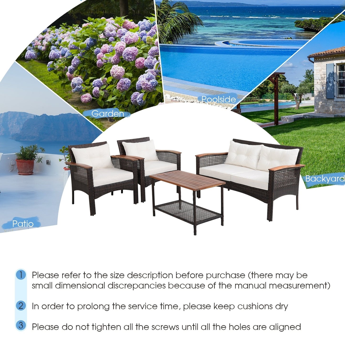 4 Pieces Patio Rattan Acacia Wood Furniture Set with Cushions and Armrest, Espresso Patio Conversation Sets   at Gallery Canada