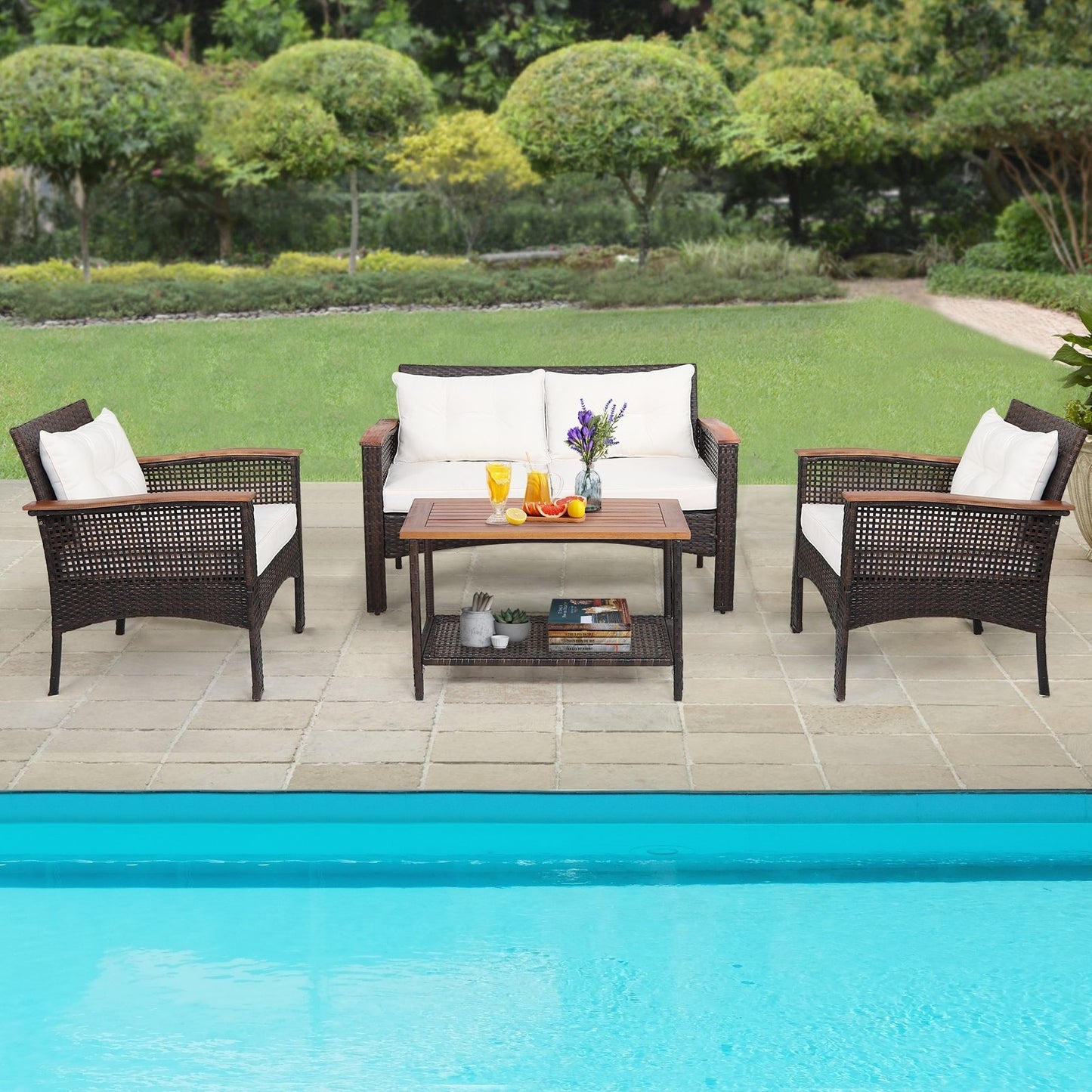 4 Pieces Patio Rattan Acacia Wood Furniture Set with Cushions and Armrest, Espresso Patio Conversation Sets   at Gallery Canada