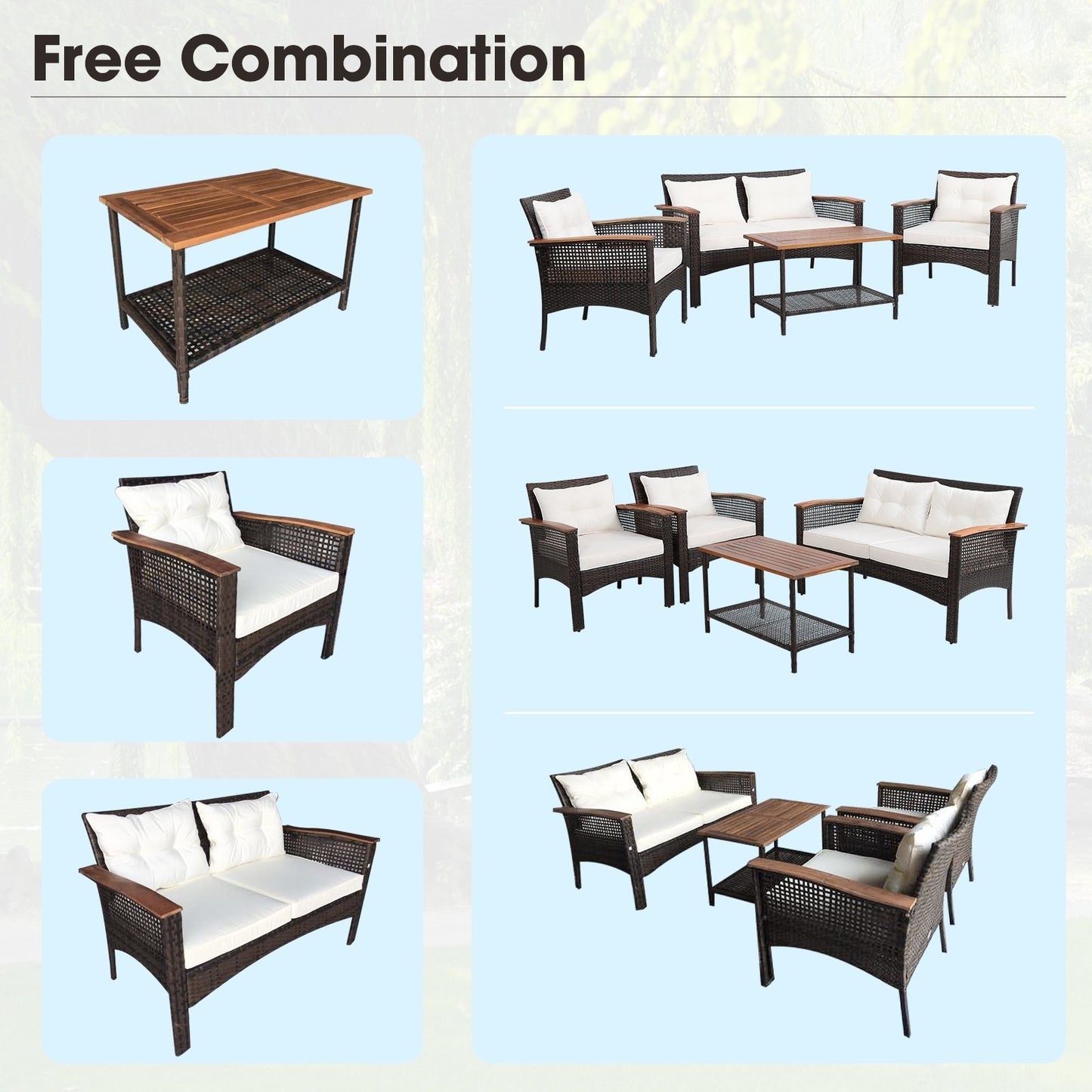 4 Pieces Patio Rattan Acacia Wood Furniture Set with Cushions and Armrest, Espresso Patio Conversation Sets   at Gallery Canada