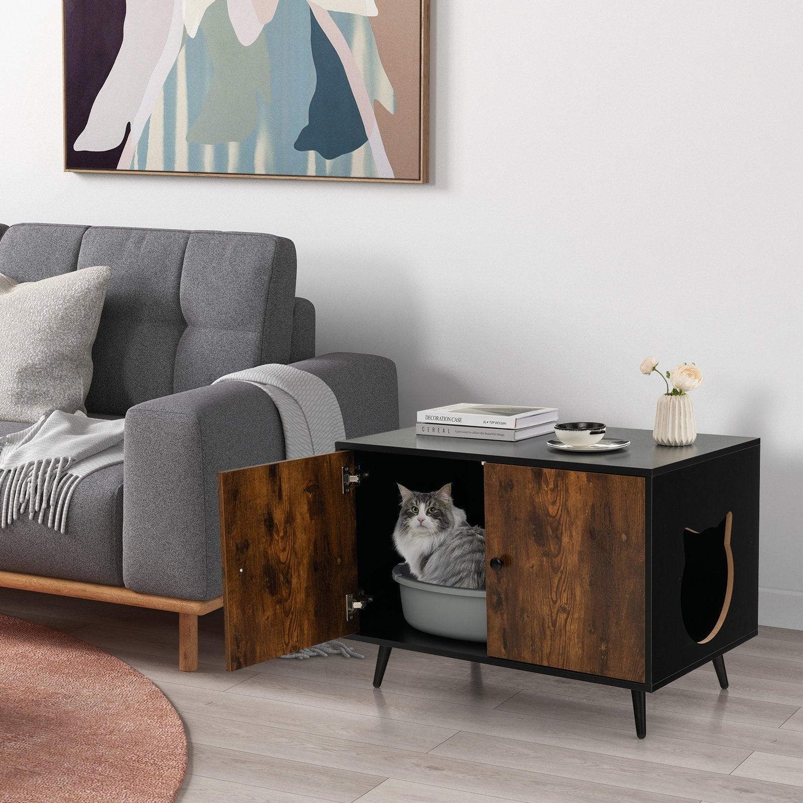 Industrial Cat Litter Box Enclosure with Divider and Cat-Shaped Entries, Brown Cat Houses   at Gallery Canada