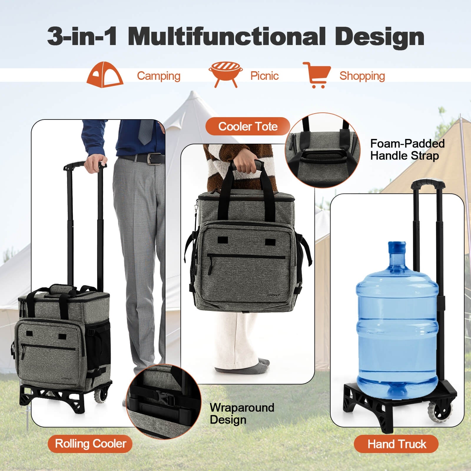 50-Can Large Leakproof Rolling Cooler with Detachable Bottom Plate, Gray Coolers at Gallery Canada