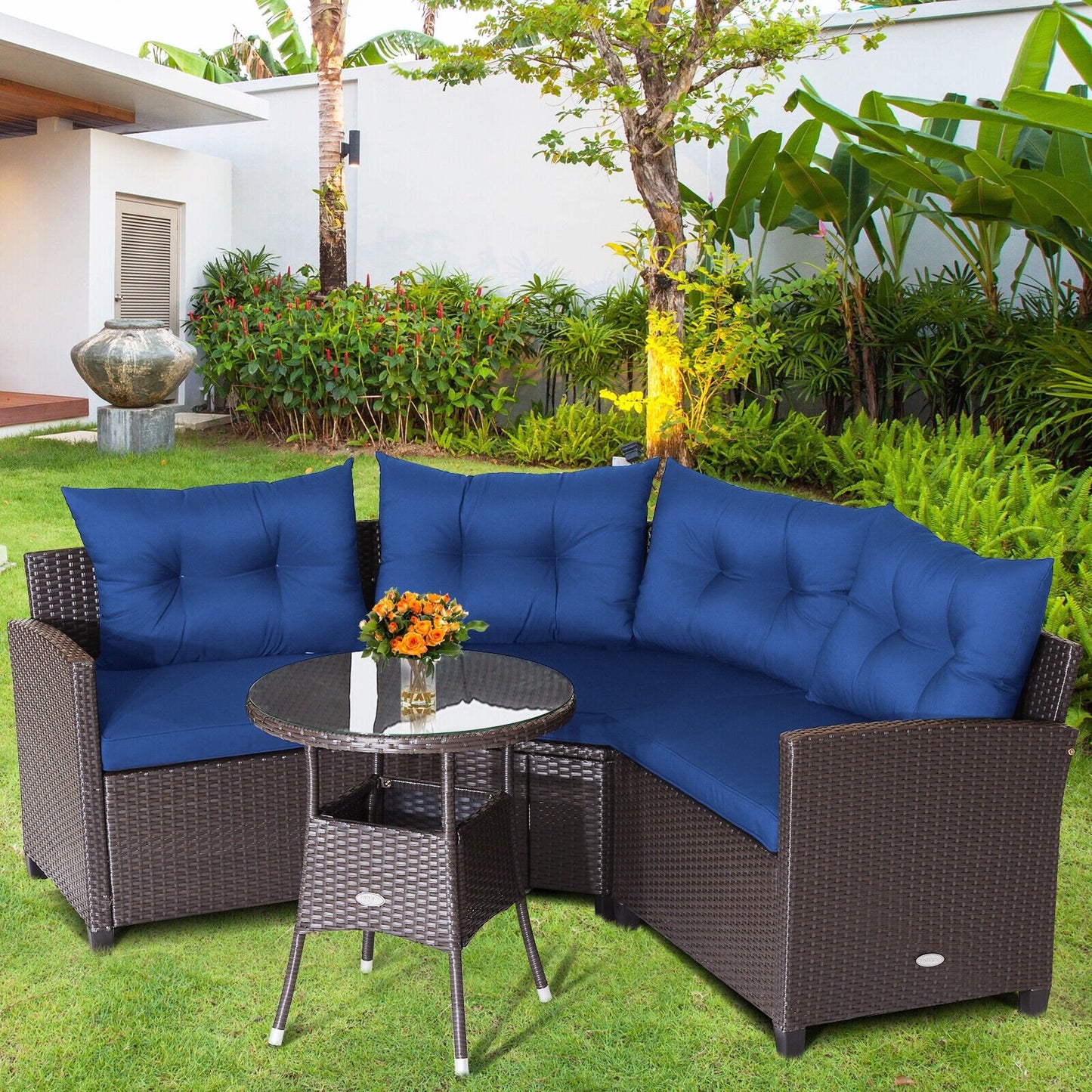 4 Pieces Patio Rattan Furniture Set Cushioned Sofa Glass Table, Navy Outdoor Sectionals   at Gallery Canada