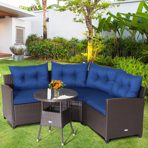 4 Pieces Patio Rattan Furniture Set Cushioned Sofa Glass Table, Navy