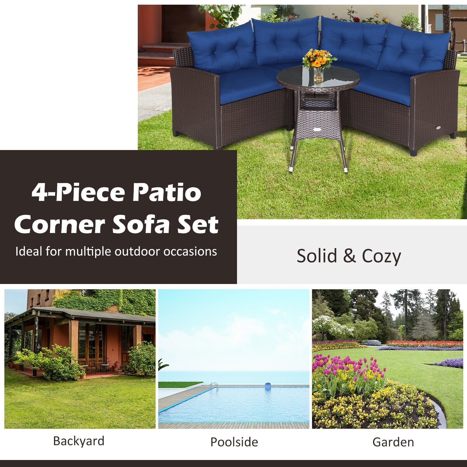 4 Pieces Patio Rattan Furniture Set Cushioned Sofa Glass Table, Navy Outdoor Sectionals   at Gallery Canada