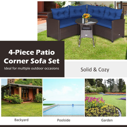 4 Pieces Patio Rattan Furniture Set Cushioned Sofa Glass Table, Navy - Gallery Canada