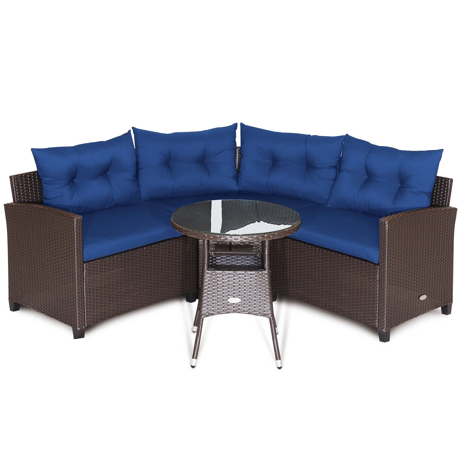 4 Pieces Patio Rattan Furniture Set Cushioned Sofa Glass Table, Navy Outdoor Sectionals   at Gallery Canada