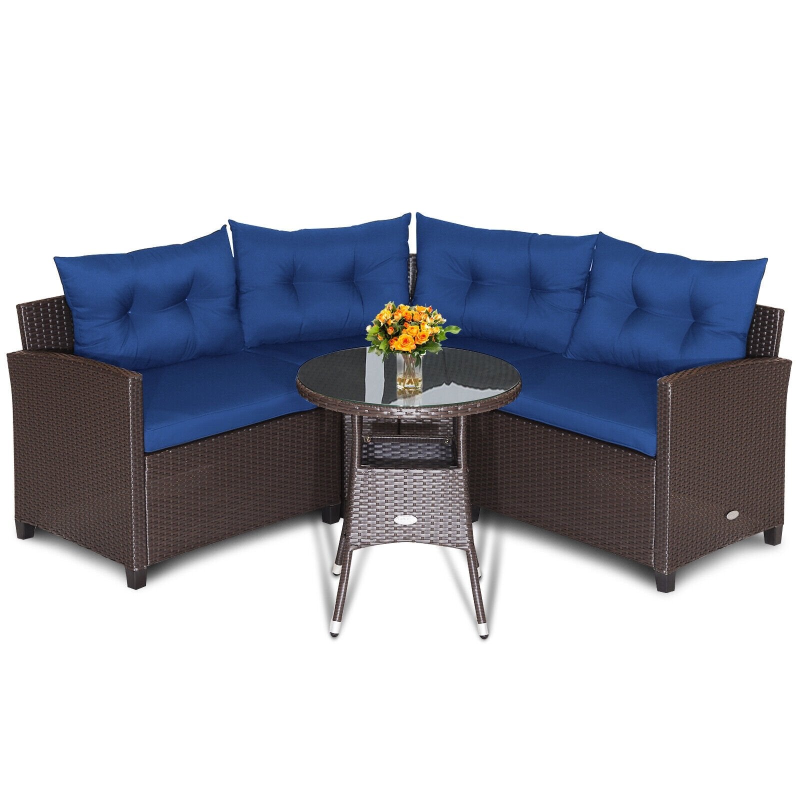 4 Pieces Patio Rattan Furniture Set Cushioned Sofa Glass Table, Navy Outdoor Sectionals   at Gallery Canada