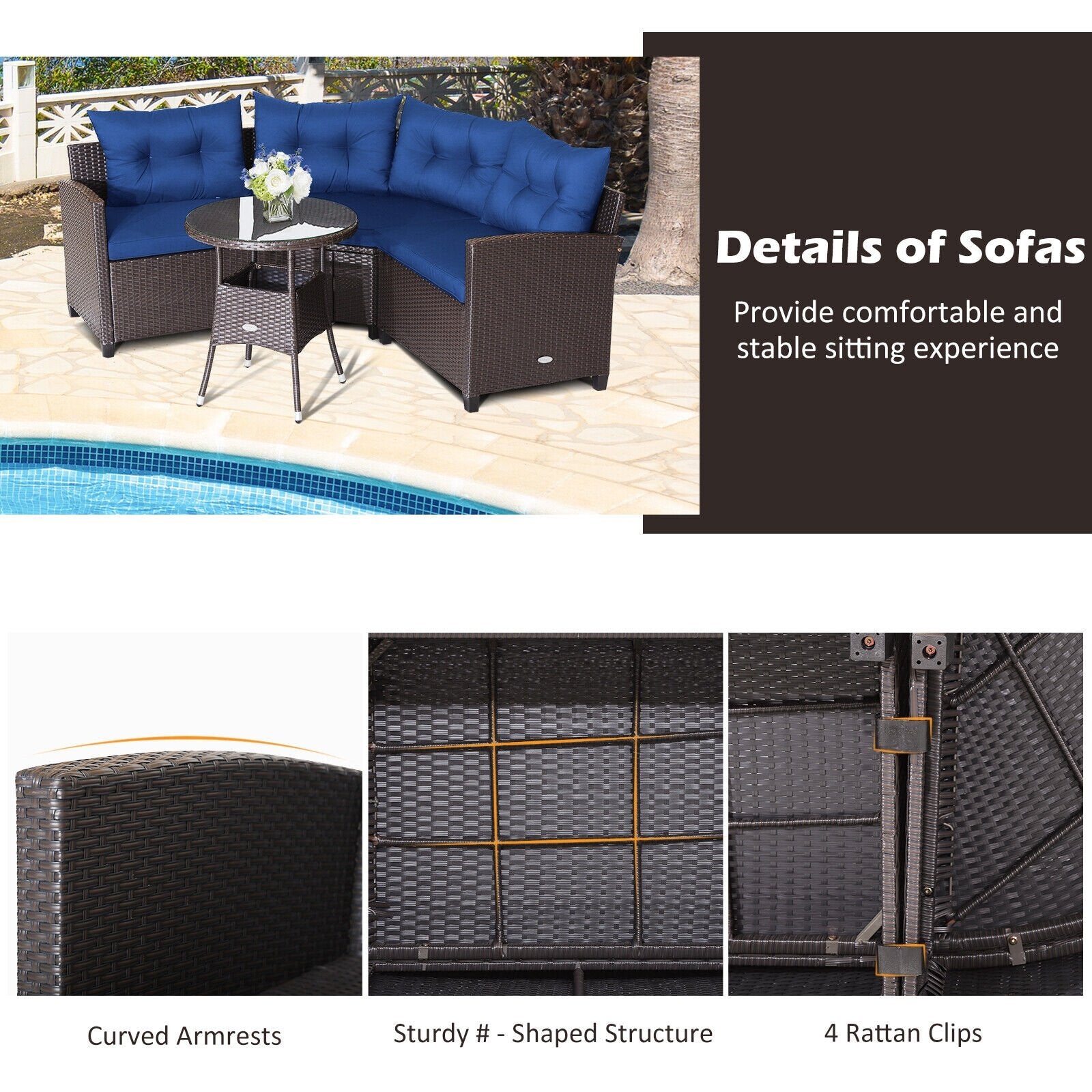 4 Pieces Patio Rattan Furniture Set Cushioned Sofa Glass Table, Navy Outdoor Sectionals   at Gallery Canada