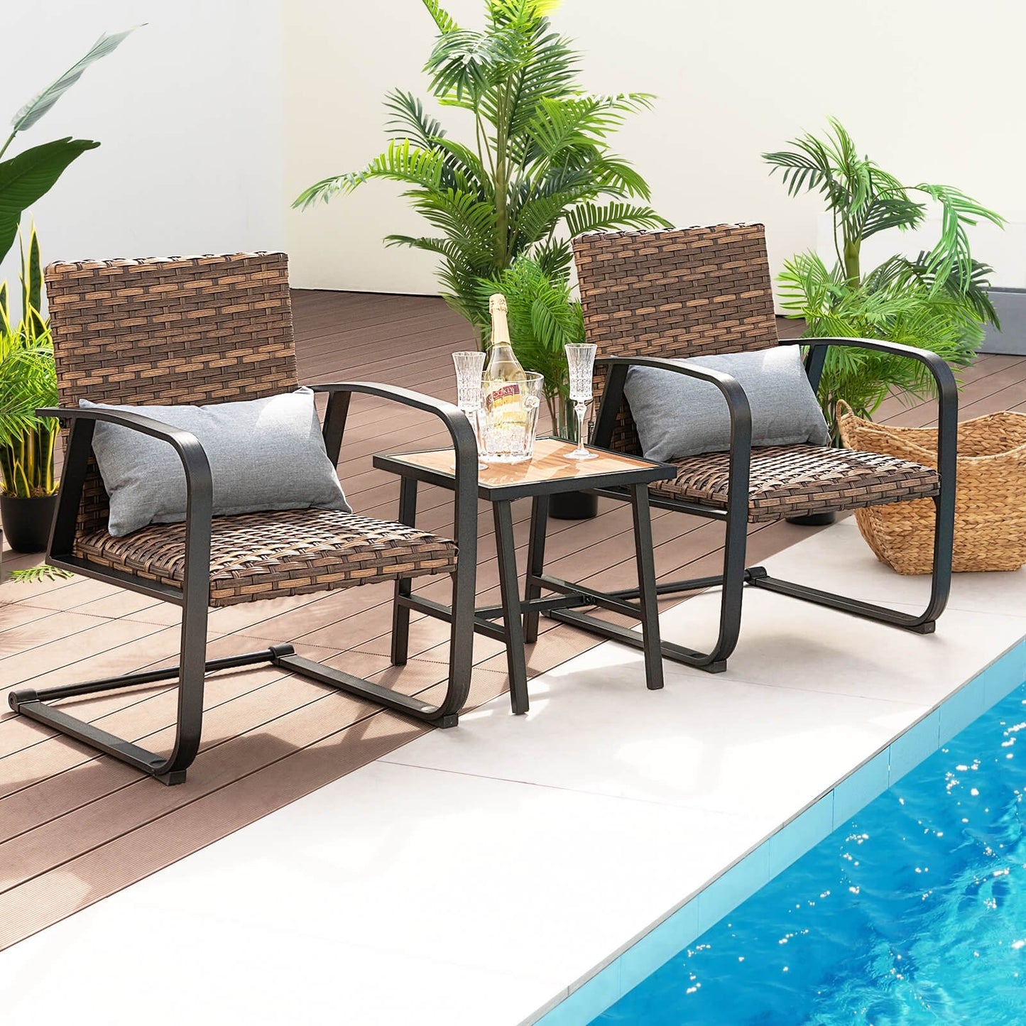 3 Pieces Patio Rattan Conversation Set with Quick Dry Lumbar Pillows, Brown Patio Conversation Sets   at Gallery Canada