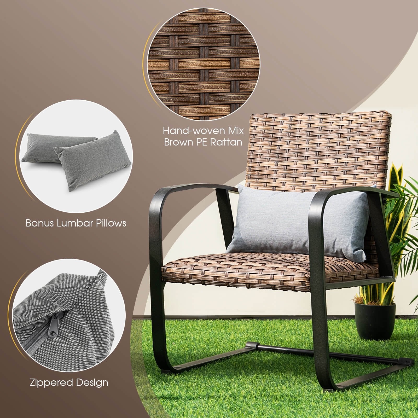 3 Pieces Patio Rattan Conversation Set with Quick Dry Lumbar Pillows, Brown Patio Conversation Sets   at Gallery Canada