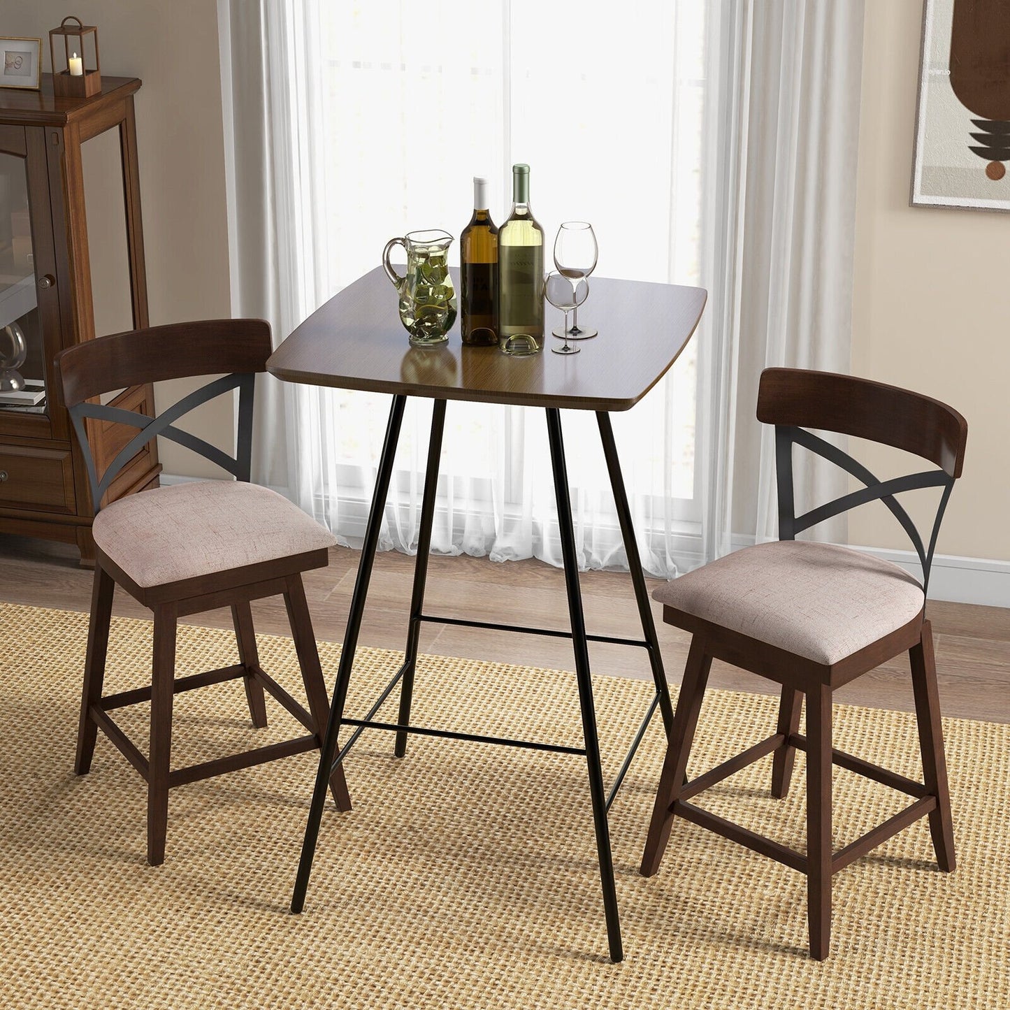 Set of 2 Wooden Swivel Bar Stools with Cushioned Seat and Open X Back-25 inches, Brown Bar Stools   at Gallery Canada