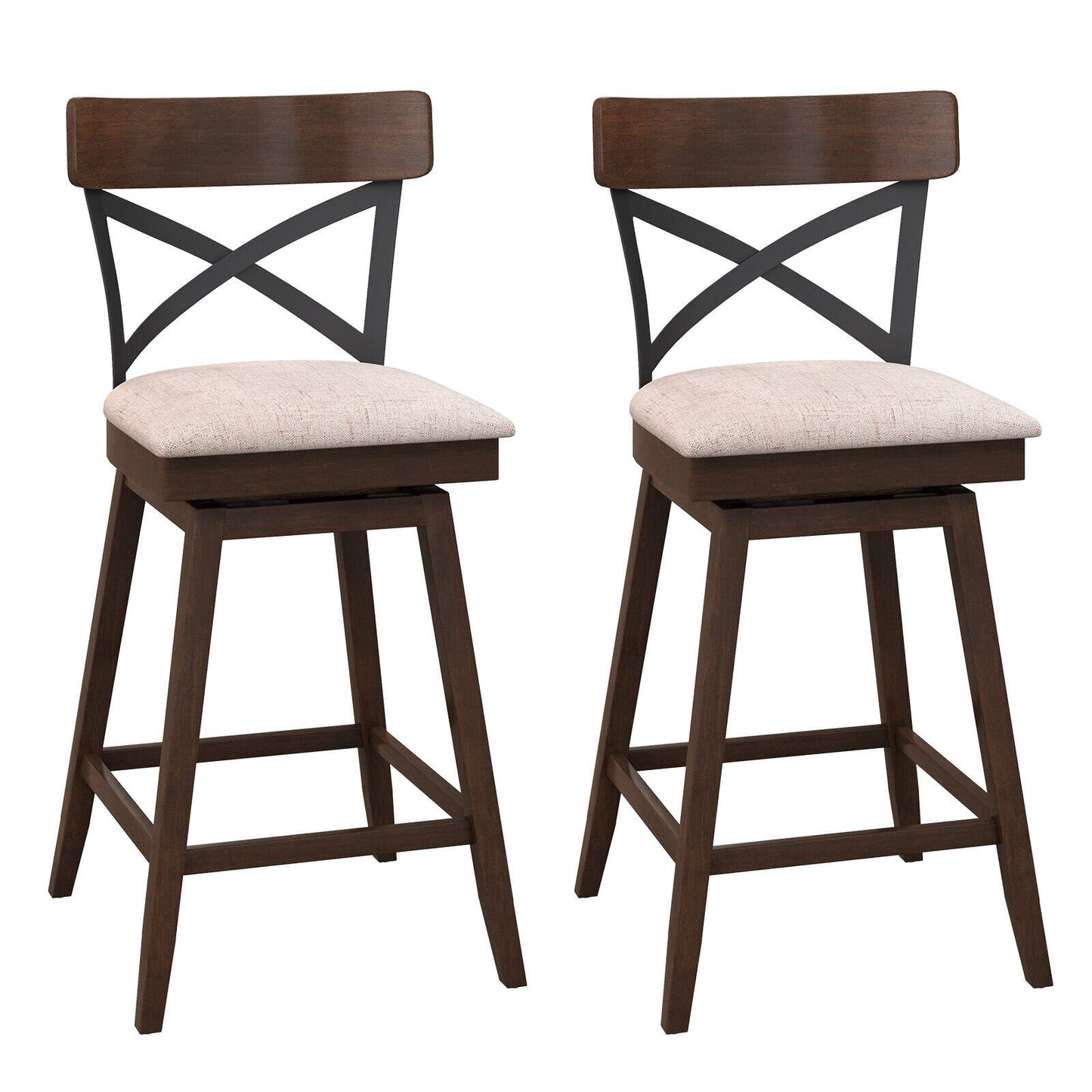 Set of 2 Wooden Swivel Bar Stools with Cushioned Seat and Open X Back-25 inches, Brown Bar Stools   at Gallery Canada