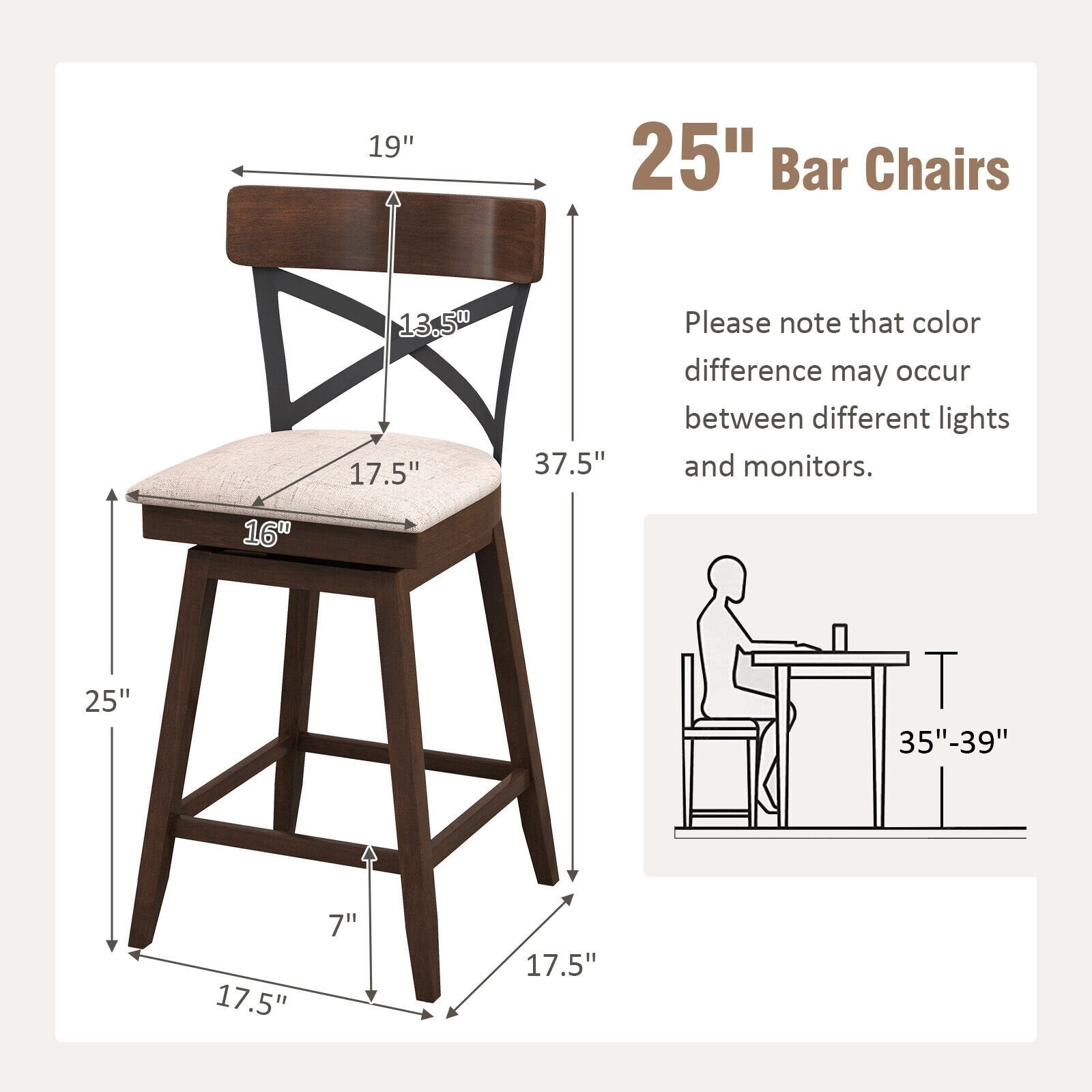 Set of 2 Wooden Swivel Bar Stools with Cushioned Seat and Open X Back-25 inches, Brown Bar Stools   at Gallery Canada