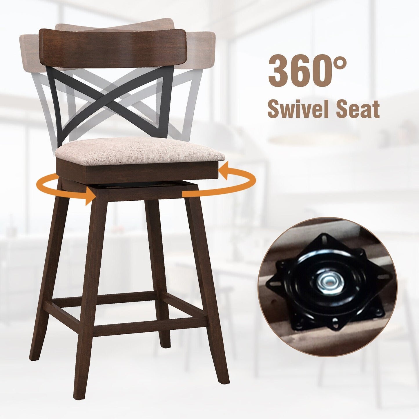 Set of 2 Wooden Swivel Bar Stools with Cushioned Seat and Open X Back-25 inches, Brown Bar Stools   at Gallery Canada