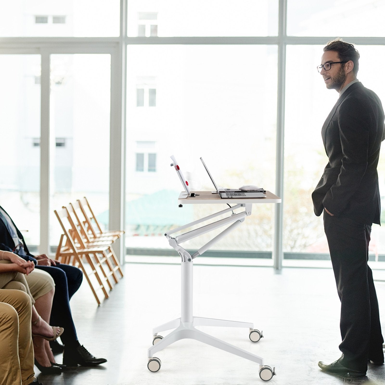 Height Adjustable Mobile Standing Desk with Detachable Holde, Natural Laptop Tables & Printer Stands   at Gallery Canada