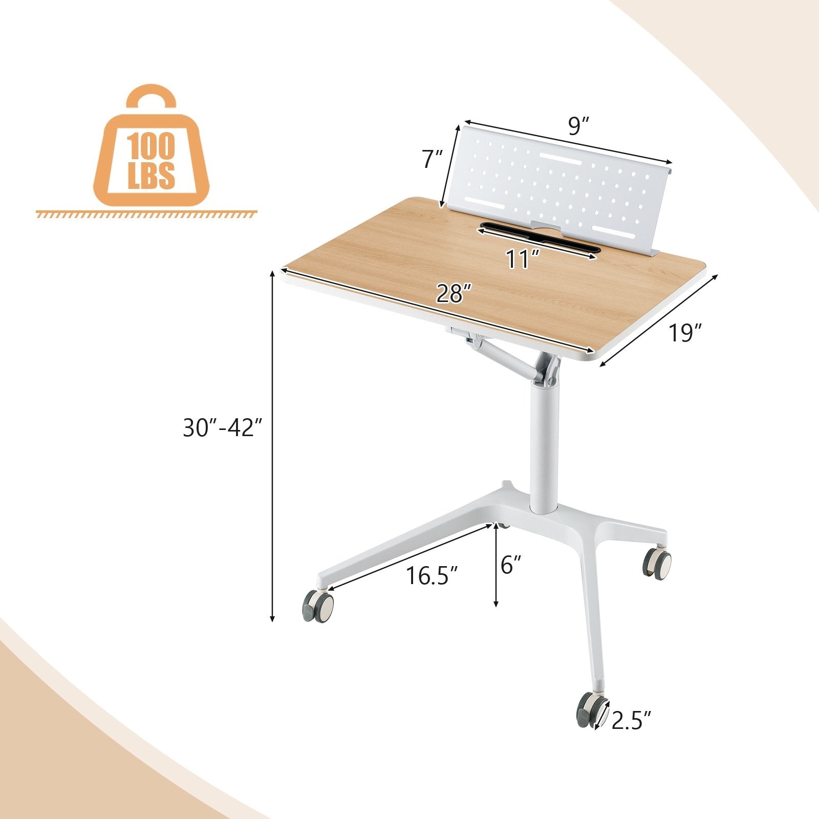 Height Adjustable Mobile Standing Desk with Detachable Holde, Natural Laptop Tables & Printer Stands   at Gallery Canada